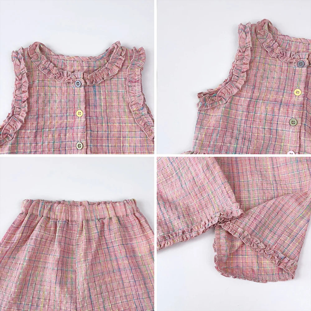 Pink Girl's Summer Two-piece Set with Single Breasted Sleeveless