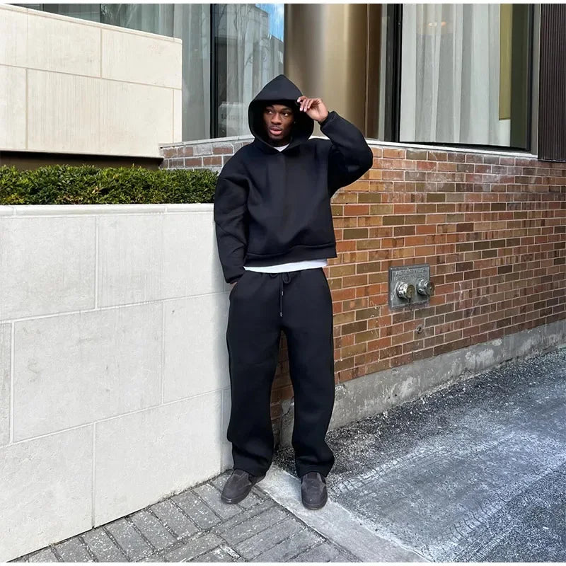 Solid Couple's Hooded Sweatshirt 2 Piece Set Casual Loose Sweatpants Suit Autumn Male Jogging Sweatshirt Trousers Outfits Suits