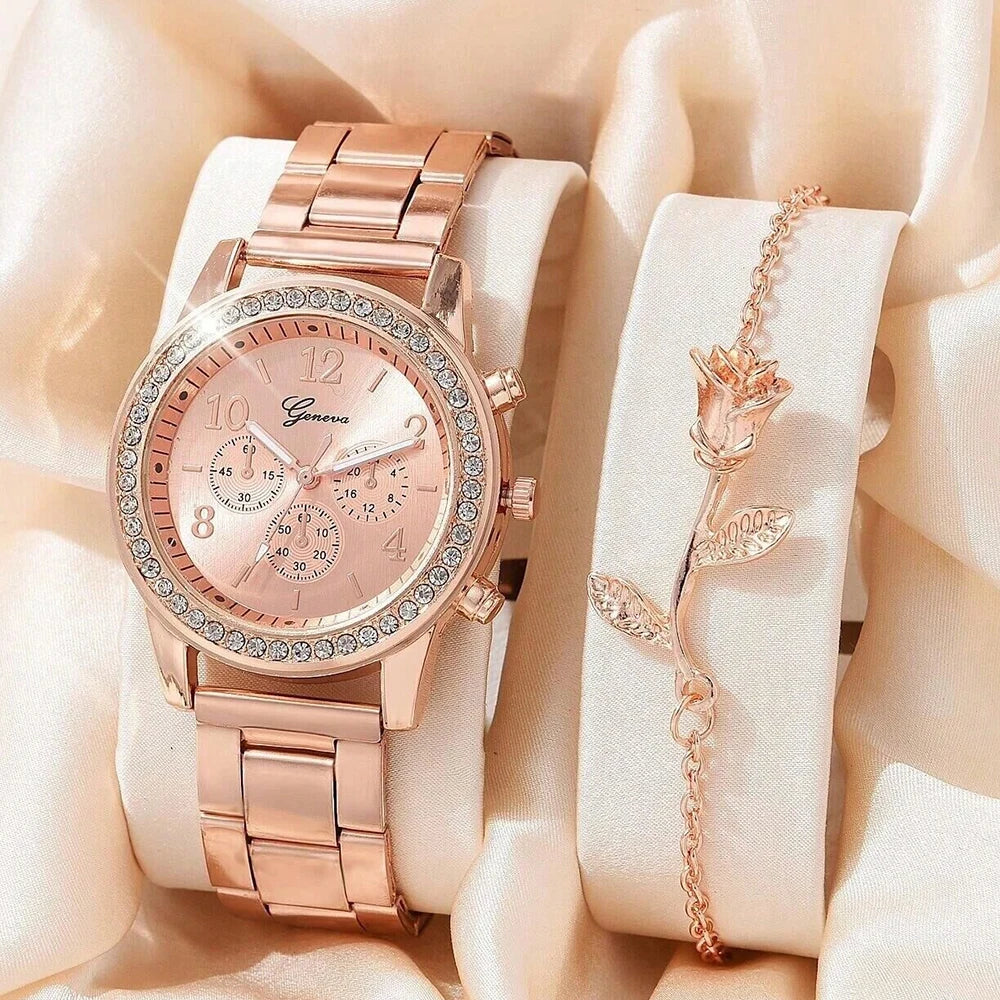 5PCS Quartz Watch Set Women Fashion Silver Round 3 Eyes Alloy Strap Wristwatch Gift Rhinestone Watch For Women Jewelry Set