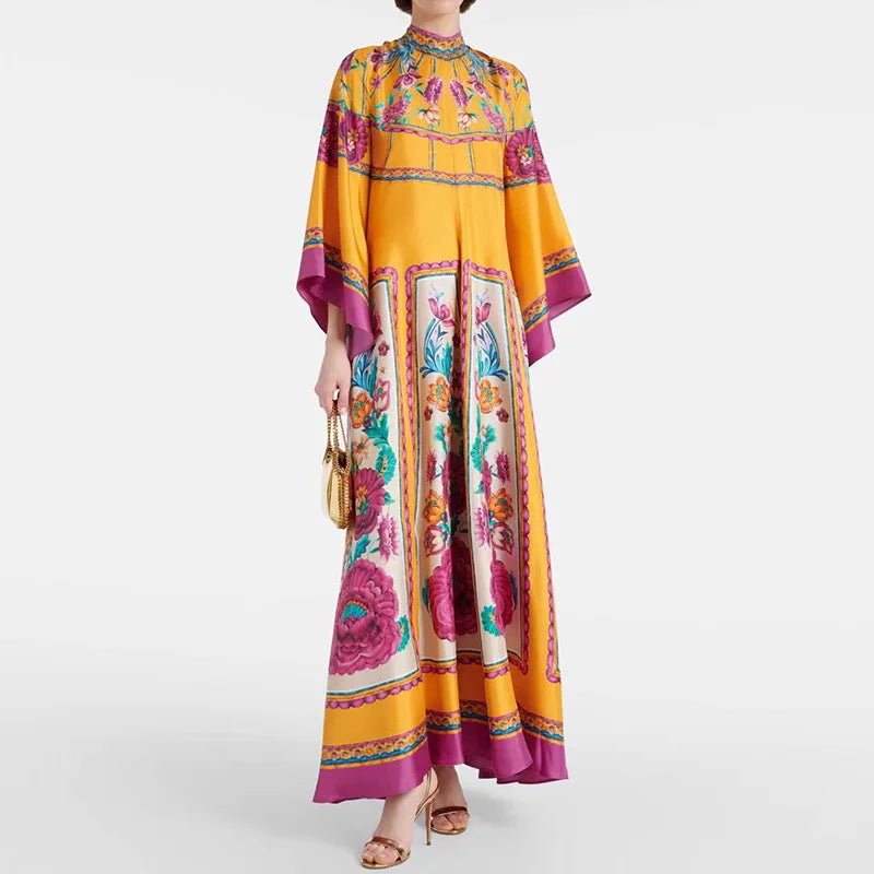 Elegant Stand Collar Printed Dress – High Waist Long Sleeve Casual Party Wear | فستان نسائي أنيق بطبعة وياقة عالية – خصر مرتفع وأكمام طويلة لإطلالة كاجوال أو حفلات