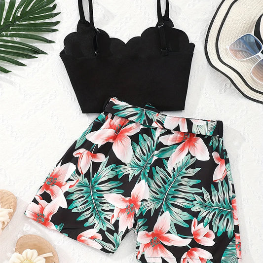 Two Piece Summer Girl Cute And Fashionable Sleeveless Suspender Top Printed