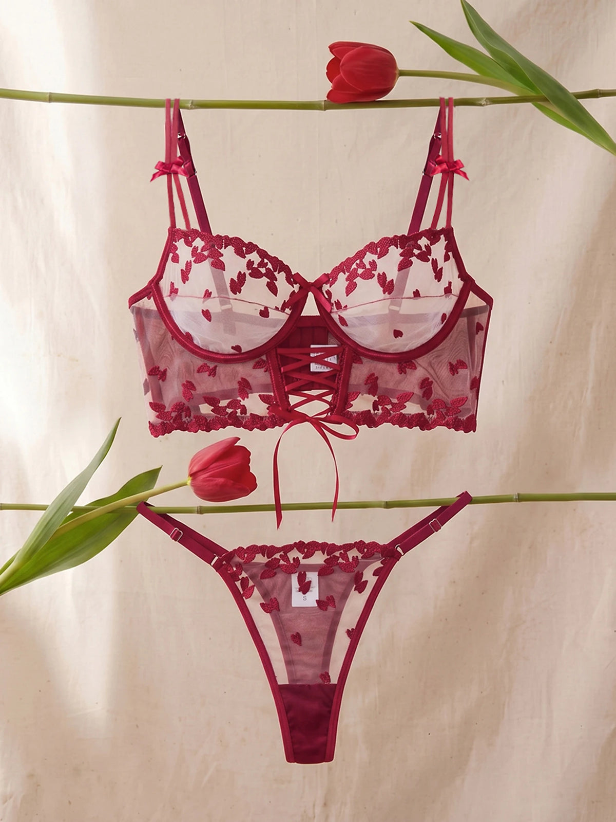 Red Wine Color Heart Embroidery Bra Set with Ornament Valentine's Day Gift Top Choice Lingerie Underwear for Women