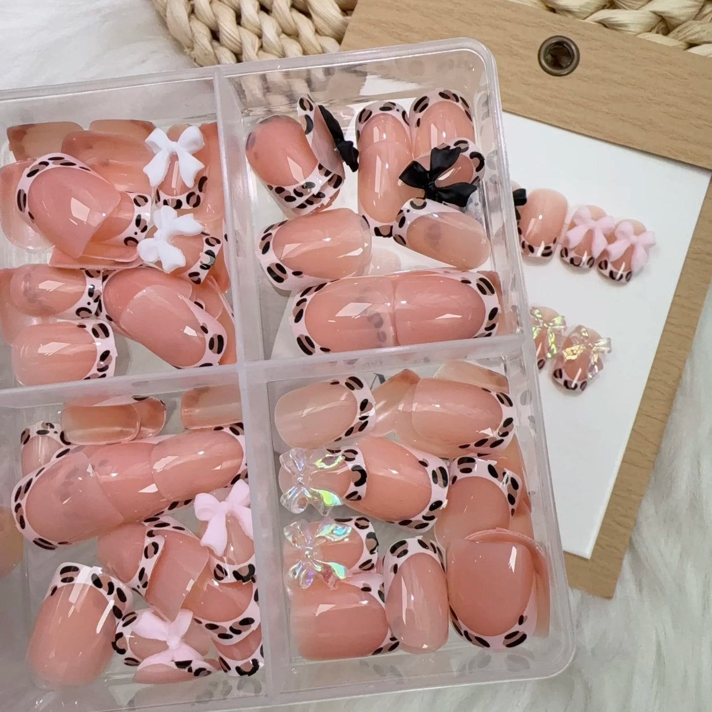 96Pcs French Almond Full Cover Fake Nail with Leopard Print Design 3D Bow Star Long Stiletto False Nails Women Press on Nails