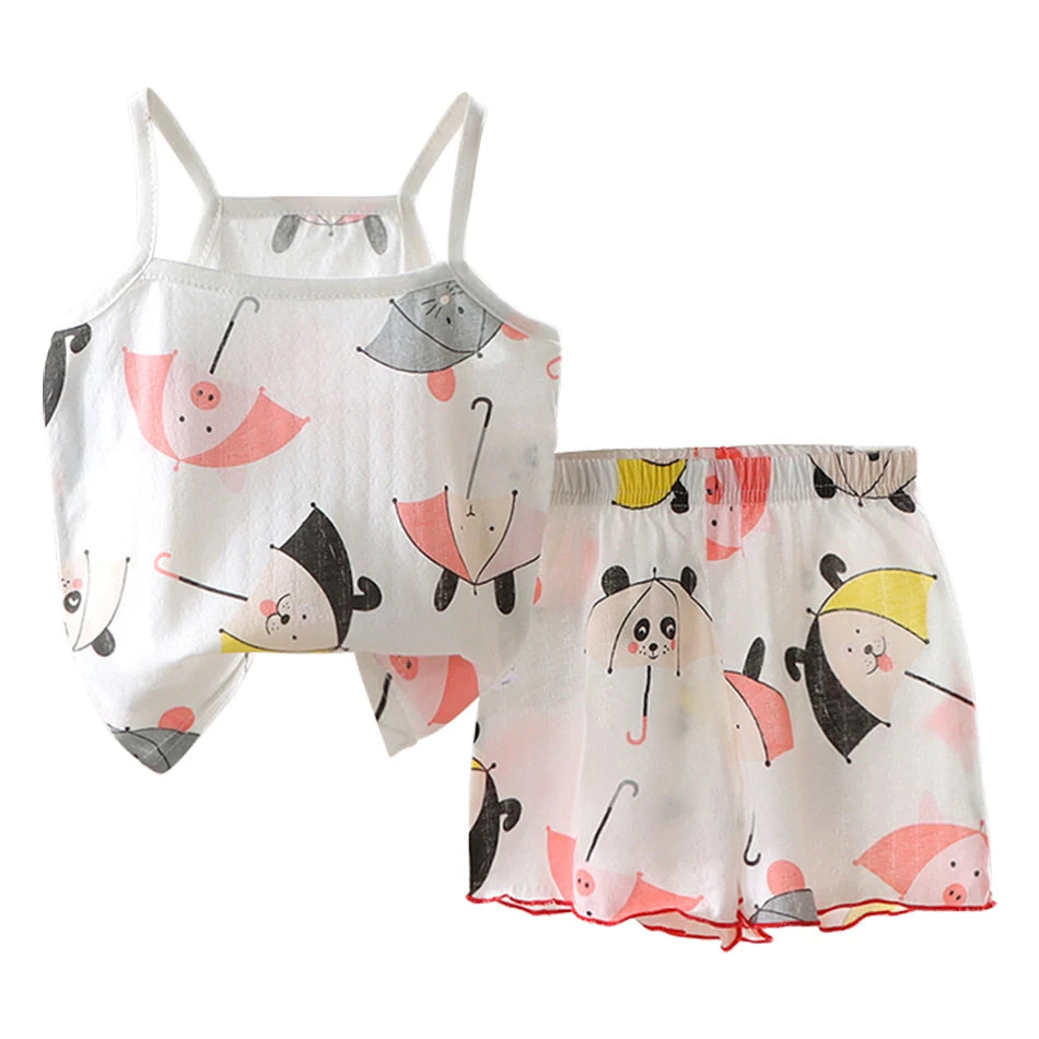 2025 Girl Ruffles Sleepwear Clothing Set Kids Summer Tank Tops Shorts 2 Piece Pajamas