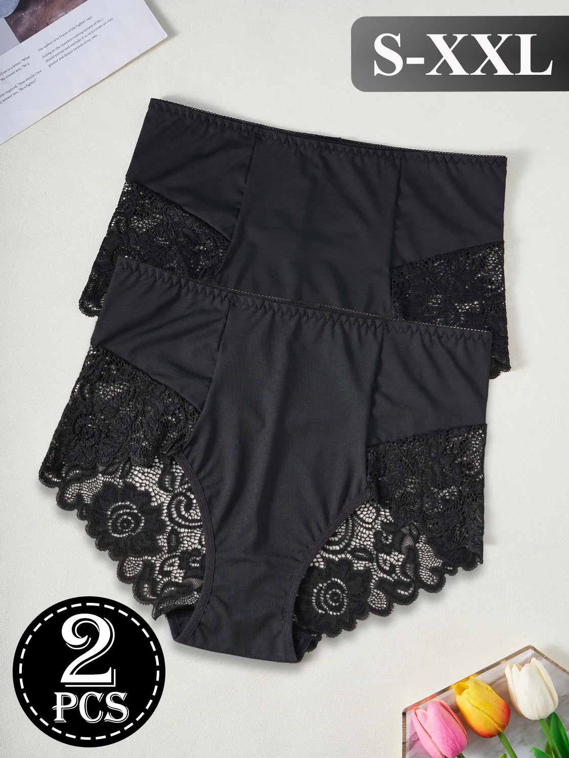 2PCS Black High Waist Women's Underwear Hollow Out Lace Floral Sexy Panties Solid Color Comfortable Briefs Lingerie S-XXL