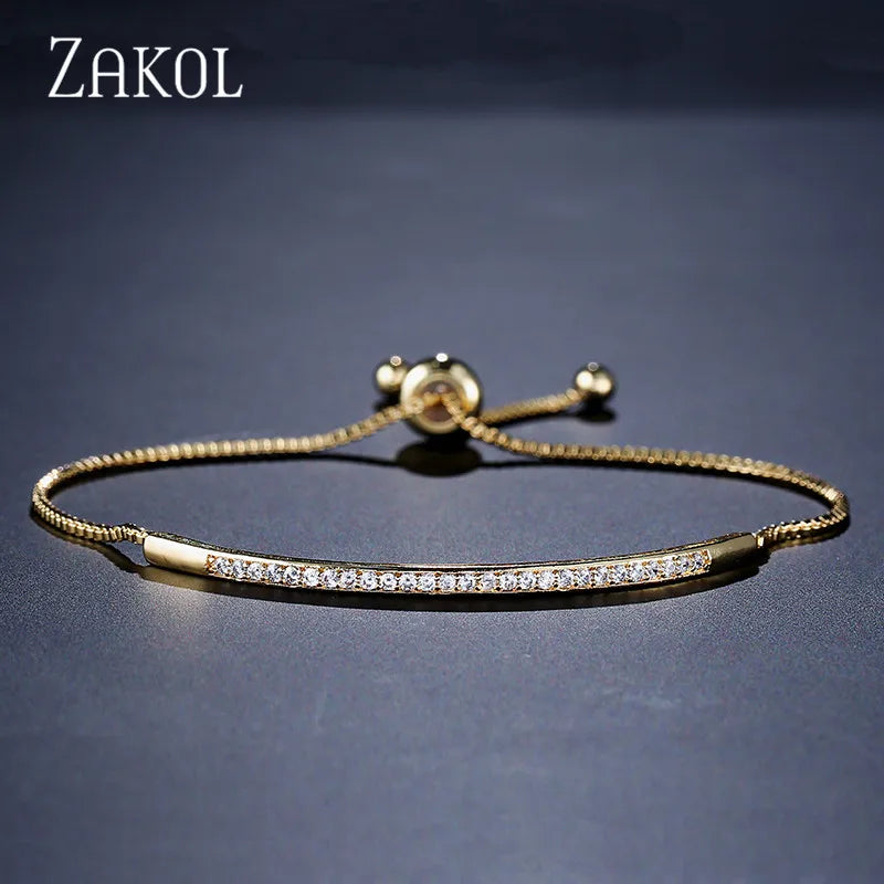 ZAKOL Simple Round Crystal Zirconia Adjustable Chain Bracelet White Gold Color Fashion Jewelry Birthday Gifts for Women