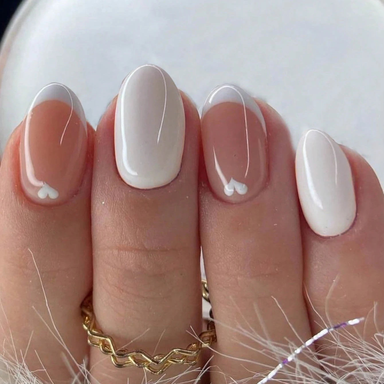 24pcs Long Almond Fake Nails White French Press on Nails Simple Full Cover Detachable Nail