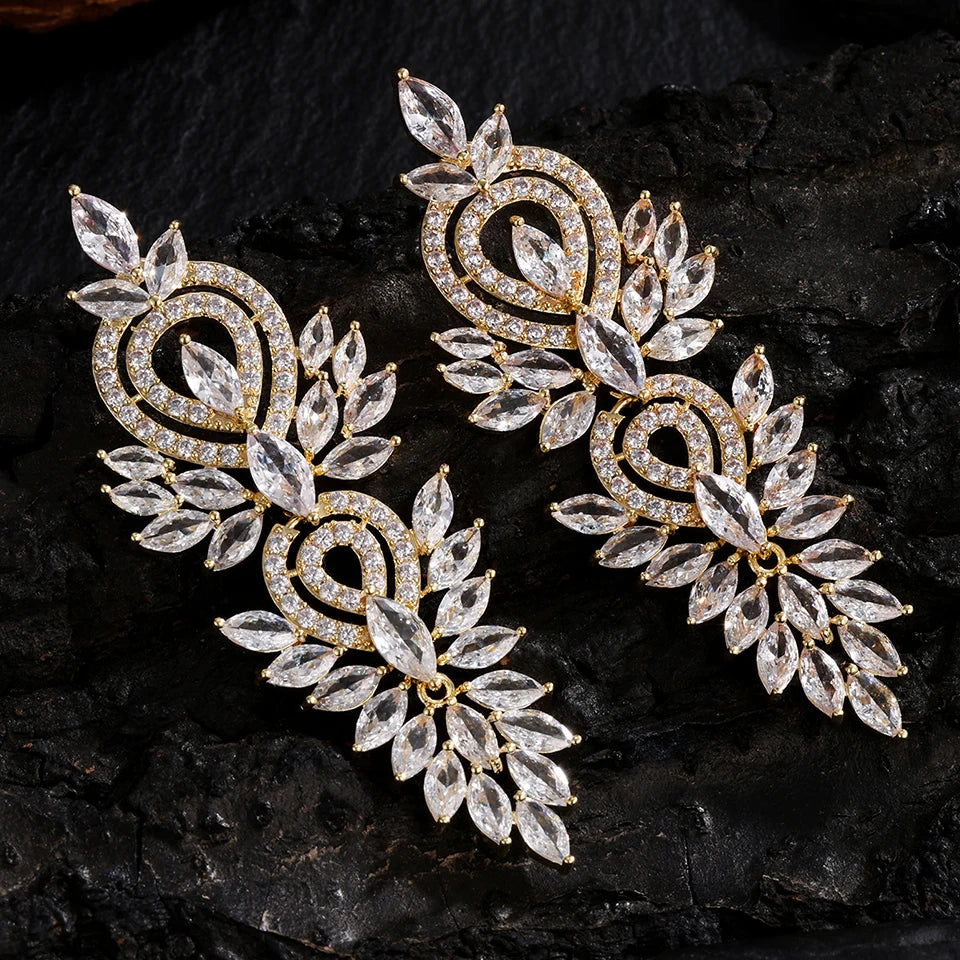 ZAKOL Luxury Leaf Marquise Zircon Long Drop Dangle Earrings Shiny Zirconia Bridal Women's Wedding Party Jewelry Accessories