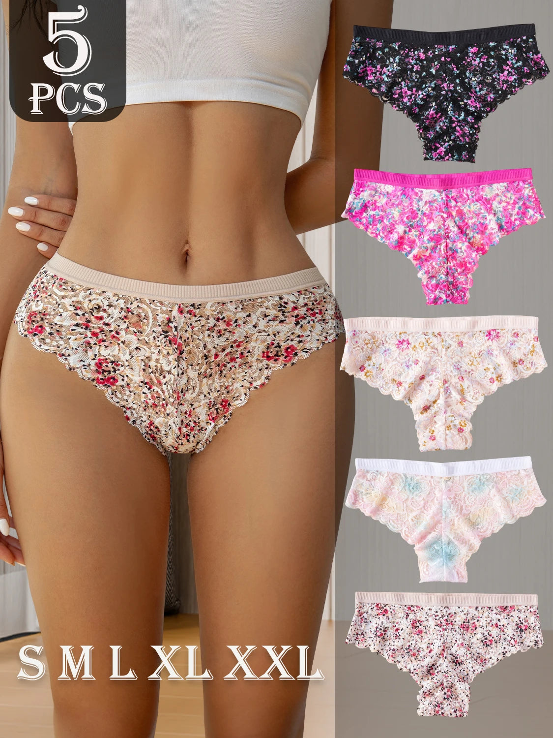 5PCS New Women Underpants Hollow Out Lace Colored Printed Sexy Panties High Quality Comfortable Briefs Fashion Female Lingerie