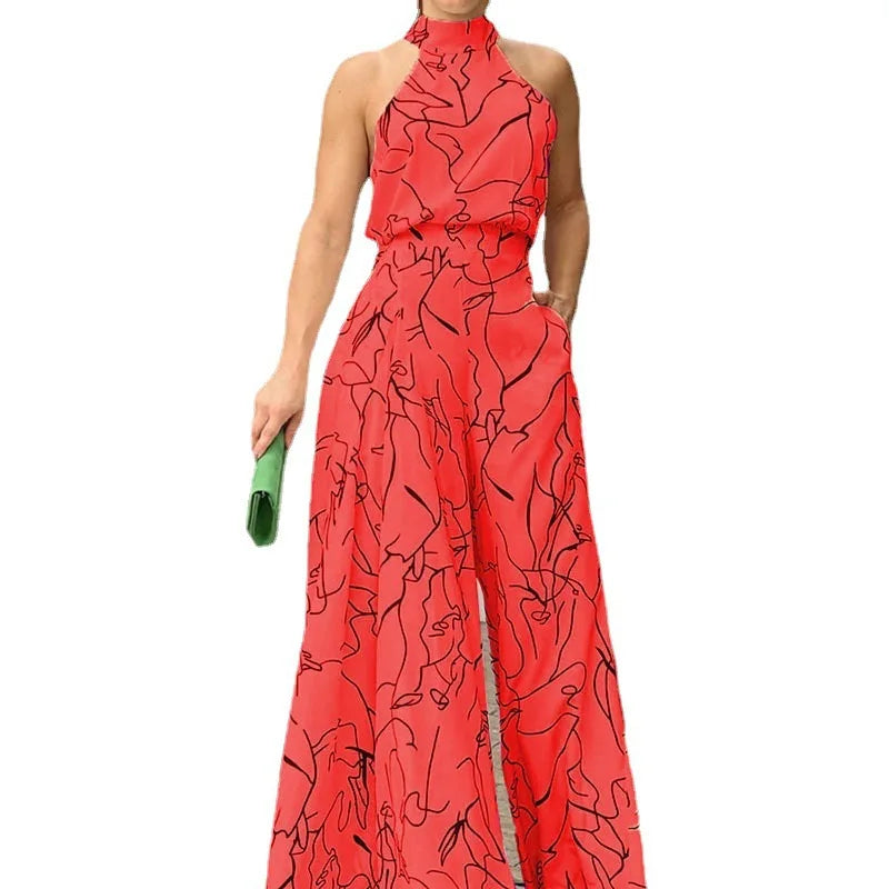Summer Lace-Up Sleeveless Jumpsuit – Loose Fit with Geometric Print & Pockets | جمبسوت صيفي أنيق بدون أكمام برباط خصر ونقشة هندسية مع جيوب