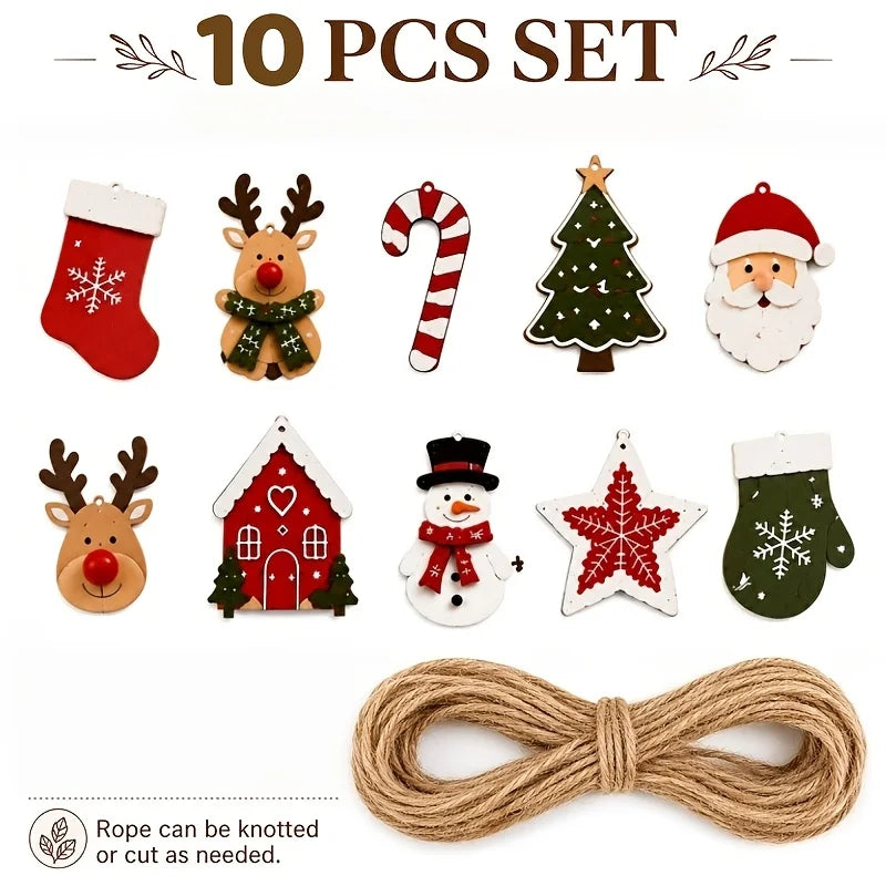 10Pcs Christmas Wooden Ornament Garland, Santa Snowman Reindeer Hanging Banner, Xmas Fireplace Wall Mantel Decorations