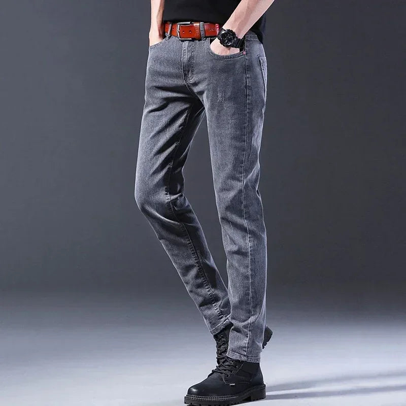 New Men Fashion Casual Business Denim Pants Male Slim Fit Straight Leg Trousers Stretch Solid Pants Size 27-38