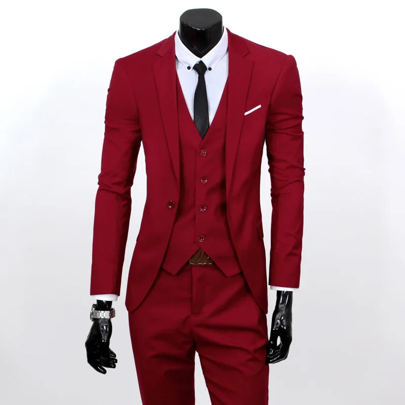 Spring Autumn New Fashion Men's Trendy Slim Business Solid Color 3 Pieces of Suits Sets Single Greasted Blazers Waistcoat Pants