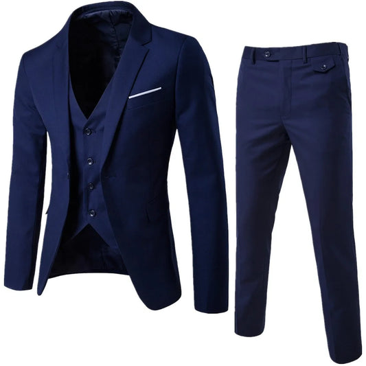 Spring Autumn New Fashion Men's Trendy Slim Business Solid Color 3 Pieces of Suits Sets Single Greasted Blazers Waistcoat Pants