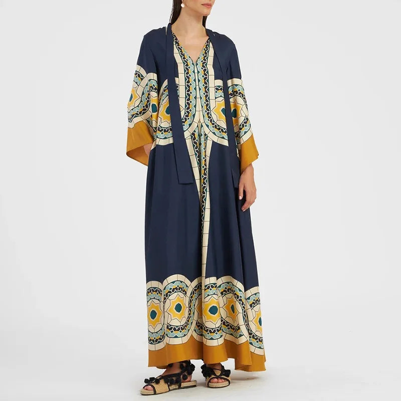 Elegant Stand Collar Printed Dress – High Waist Long Sleeve Casual Party Wear | فستان نسائي أنيق بطبعة وياقة عالية – خصر مرتفع وأكمام طويلة لإطلالة كاجوال أو حفلات