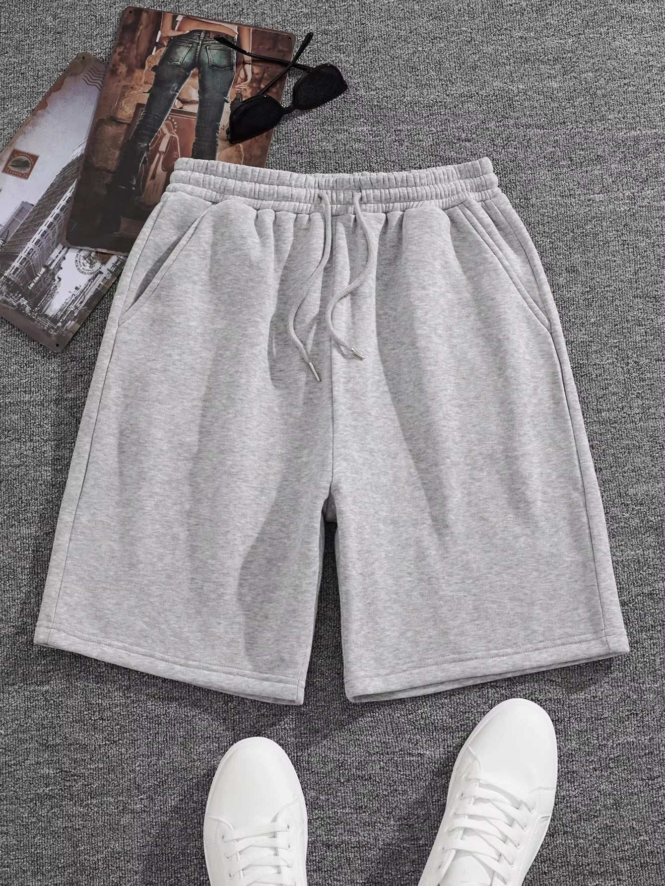 Spring and summer new solid color gray atmospheric men's pure cotton drawstring waist sports shorts