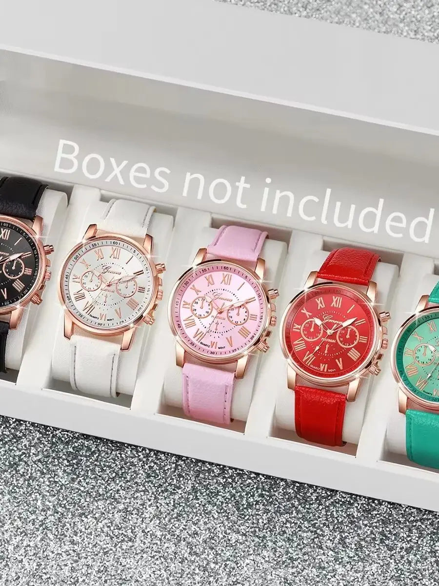 5PCS Women's Watches Fashion Roma Dial Leather Band Quartz Watch(Without Box
