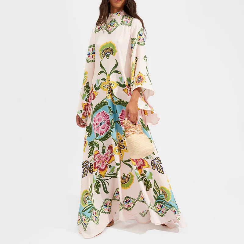 Elegant Stand Collar Printed Dress – High Waist Long Sleeve Casual Party Wear | فستان نسائي أنيق بطبعة وياقة عالية – خصر مرتفع وأكمام طويلة لإطلالة كاجوال أو حفلات