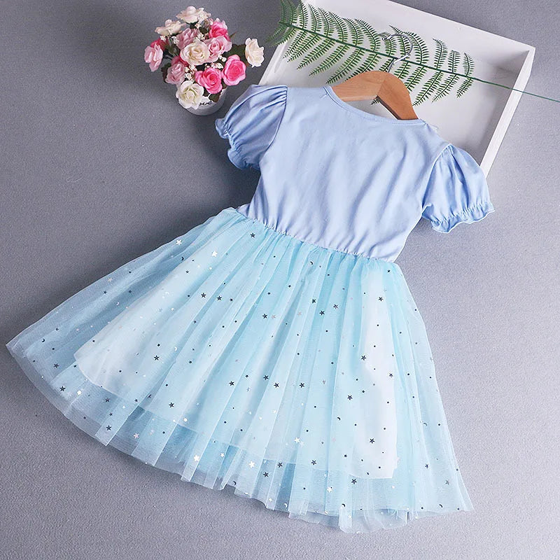 Disney Elsa Princess Dress with Cape Girls Dress Summer Kids Short Sleeve for Children's 2-8Y