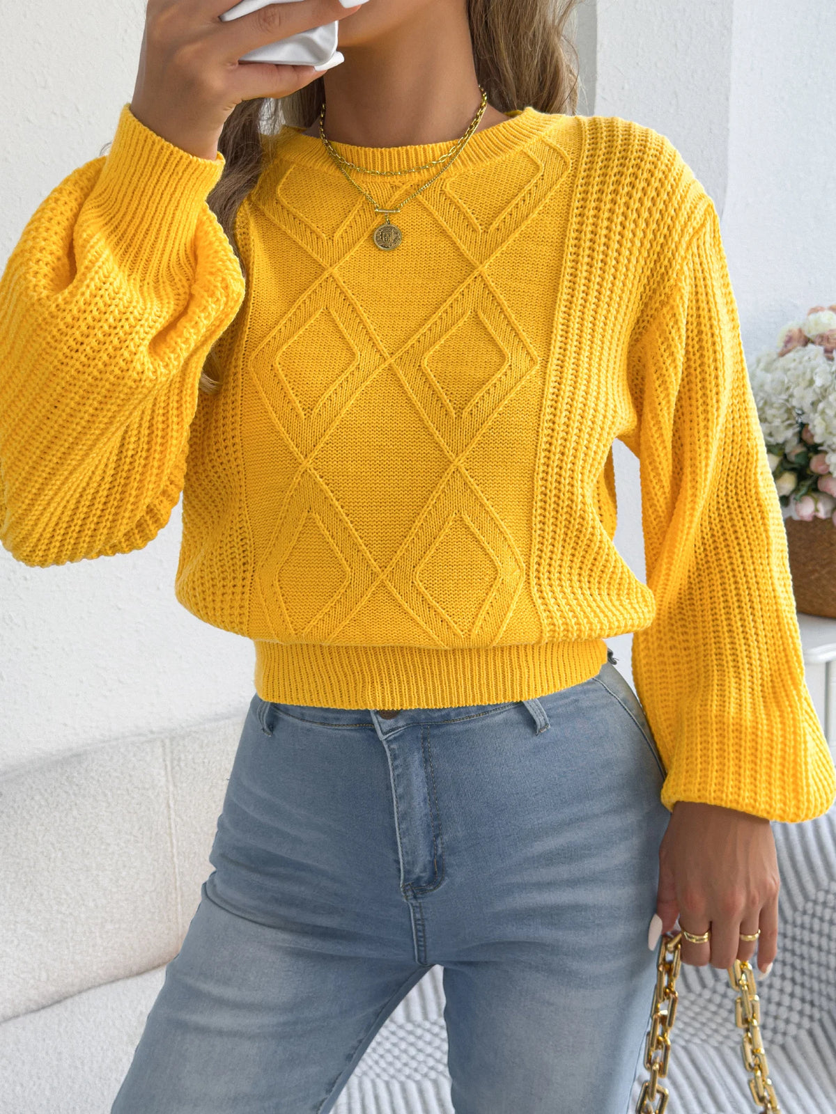 Women's Solid Color Round Neck Lantern Long Sleeve Knitted Sweaters for 2026 Autumn Winter Woman Clothes Yellow Red Khaki Tops