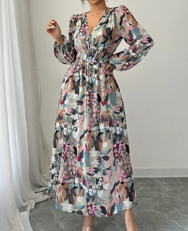 Elegant Floral V-Neck A-Line Dress – Cinched Waist & Lantern Sleeves for Summer | فستان أنيق بنقشة الزهور وياقة V – قصة A بخصر محدد وأكمام فانوس لصيف راقٍ