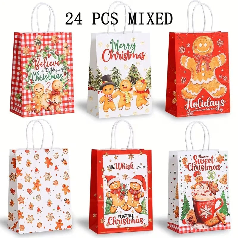 12/24/36pcs Loose Christmas Gift Bags with Handles, 6 Different Designs of Gingerbread Bags for Christmas Gift Packaging