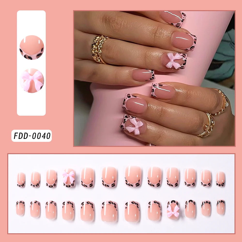 24pcs Glitter Medium Almond Full Cover Fake Nails Golden Irregular Line French False Nails with Diamond Design Press on Nails