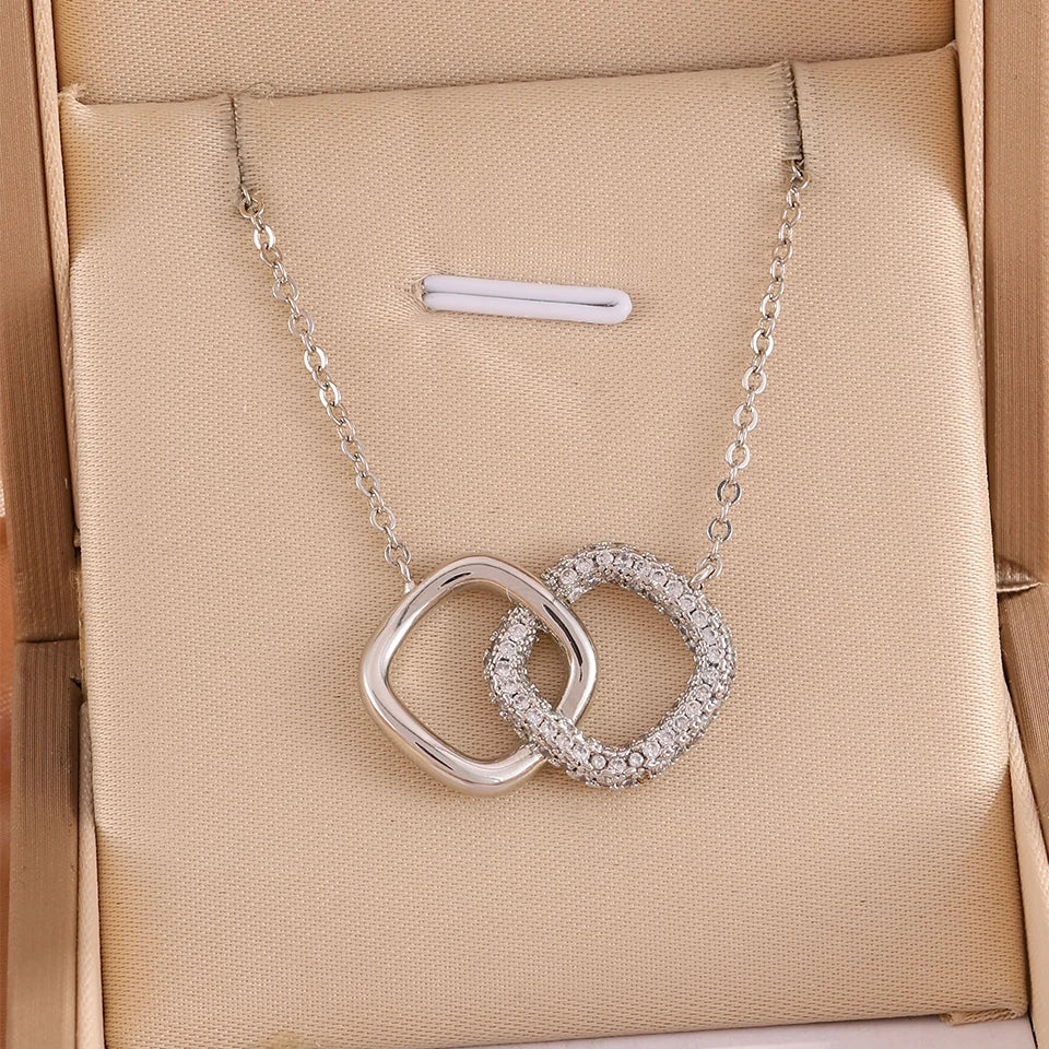 ZAKOL Hollowed Geometric Square Pendant Necklace Earrings Simple Fashion Shiny Zircon Party Jewelry Set Holiday Gifts