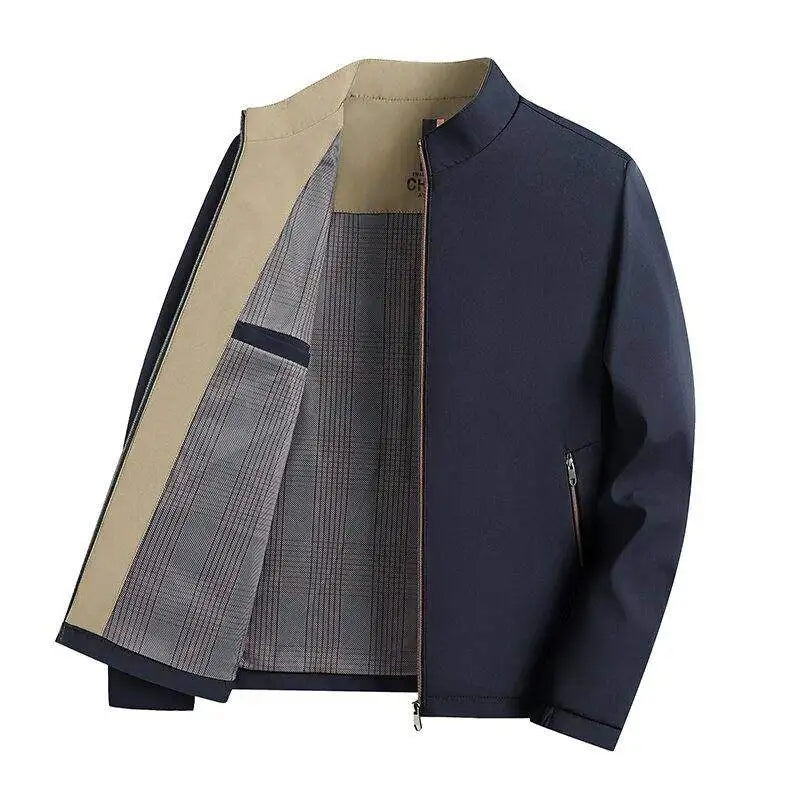 A stylish, cool and versatile solid color casual and trendy business jacket with a stand-up collar for senior dads