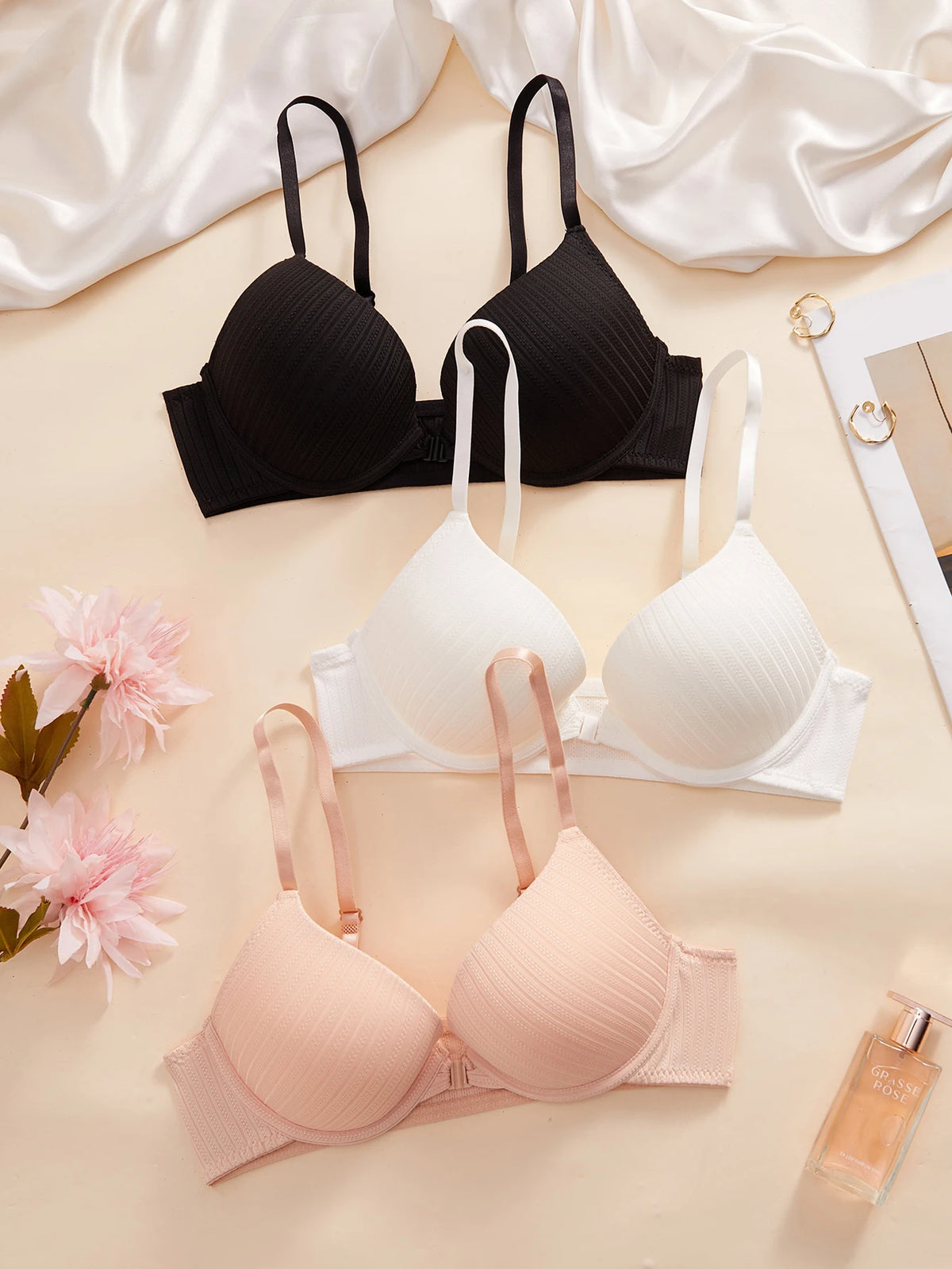 1 3 5Pcs Everyday Solid Women Bra Front Closure Push up Sexy Bras Ribbed Unlined Sweet Women's Underwear