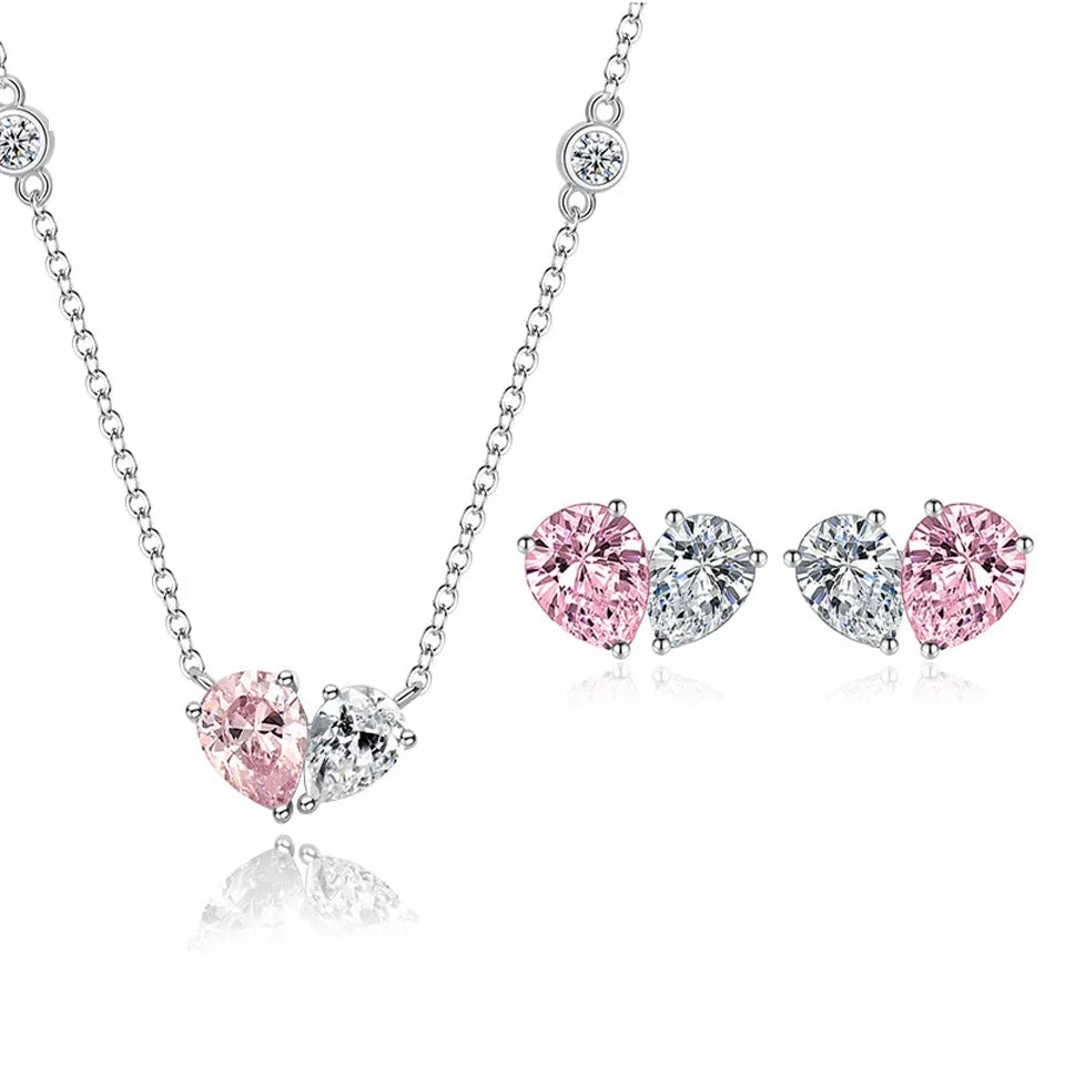 ZAKOL Romantic Pink Zirconia Heart Jewelry Sets for Women Fashion Water Drop Earrings Necklace Set Love Wedding Accessories