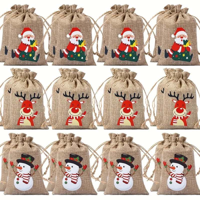 12/24Pcs Pack Christmas Gift Wrapping Bags with Drawstring Closure -for Small Trinkets, Apples, Candies,Gift for Holiday Parties