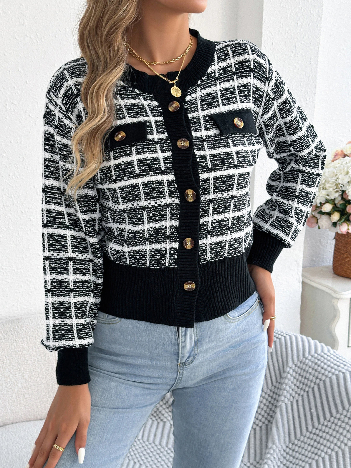 2026 Elegant Contrast Color Plaid Knitted Cardigan Sweater Single Breasted Lantern Long Sleeve Coats Women Autumn Winter Casual