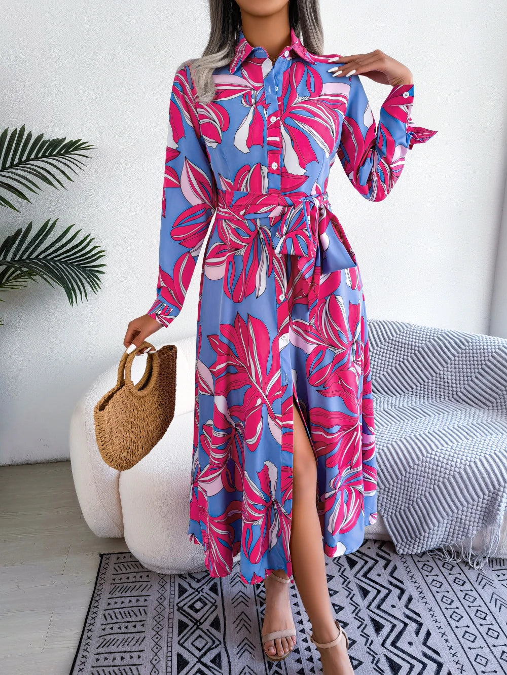 Women Casual Floral Print Long Sleeve Maxi Shirt Dress for Spring Autumn 2026 Elegant Contrast Color Lapel Buttons Long Dresses