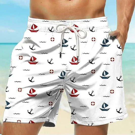 Men's Beach Shorts Swim Trunks Drawstring Elastic Quick-Drying Shorts Beach Hawaiian Casual Black and White Micro-Elastic Shorts