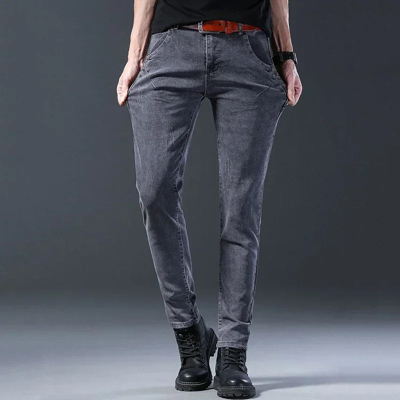 New Men Fashion Casual Business Denim Pants Male Slim Fit Straight Leg Trousers Stretch Solid Pants Size 27-38