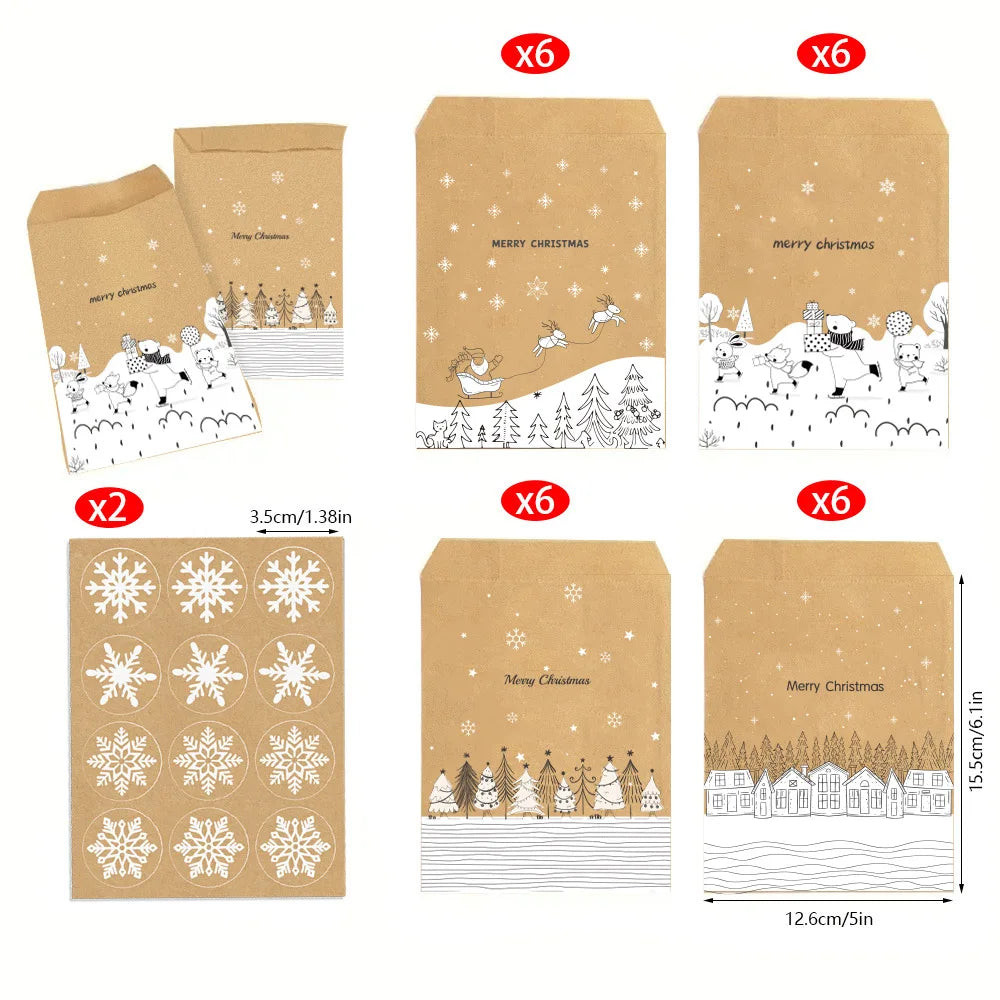 24 Sets Vintage Christmas Kraft Paper Bags Let it Snow Candy Treat Bag with Stickers Advent Calendar Xmas Party Favor Gift Pouch