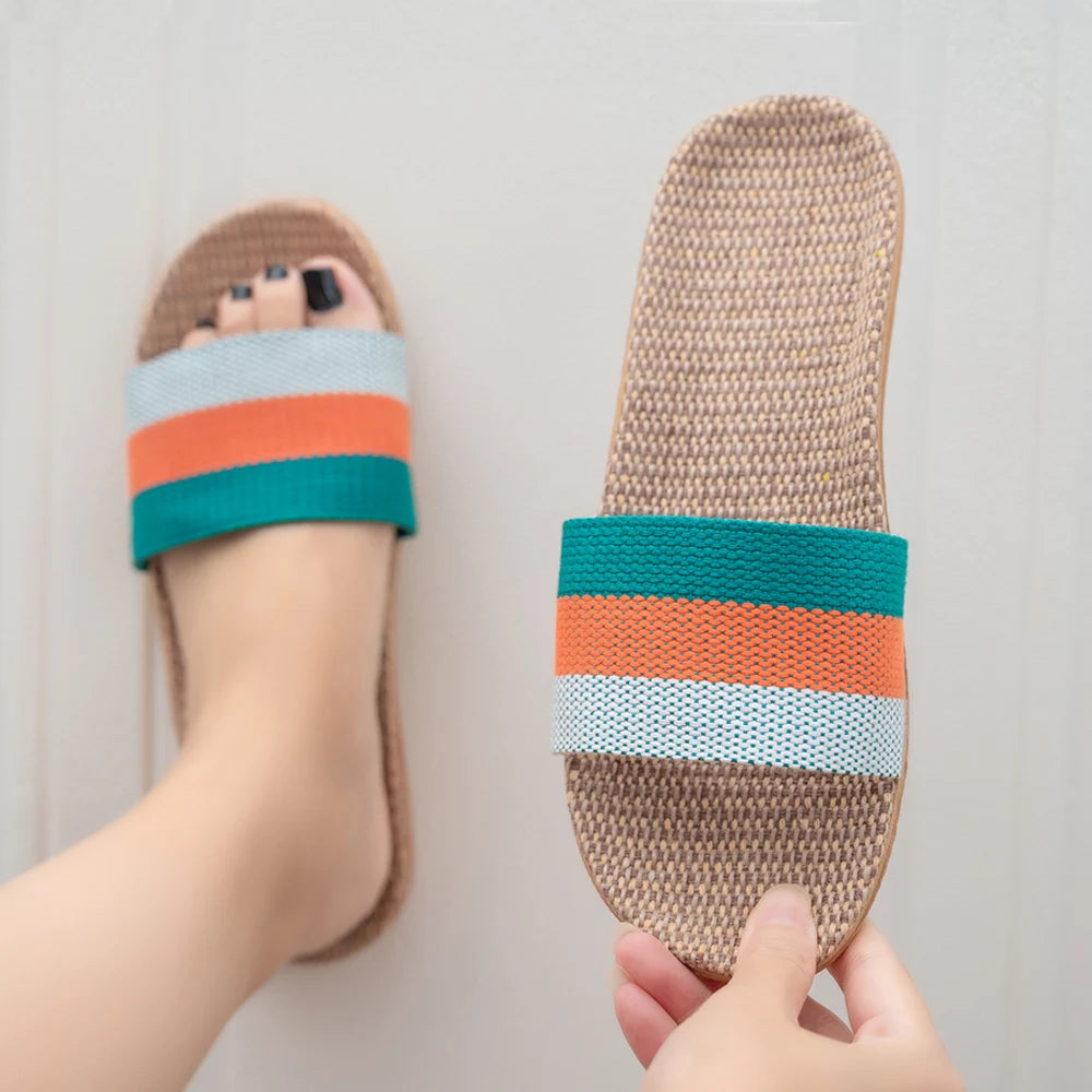Summer Linen Flat Slippers for Women โ Lightweight EVA Home Sandals | ุดุจุงุดุจ ุตูููุฉ ู
ู ุงููุชุงู ูููุณุงุก โ ุตูุงุฏู ู
ูุฒููุฉ ุฎูููุฉ ู
ู EVA