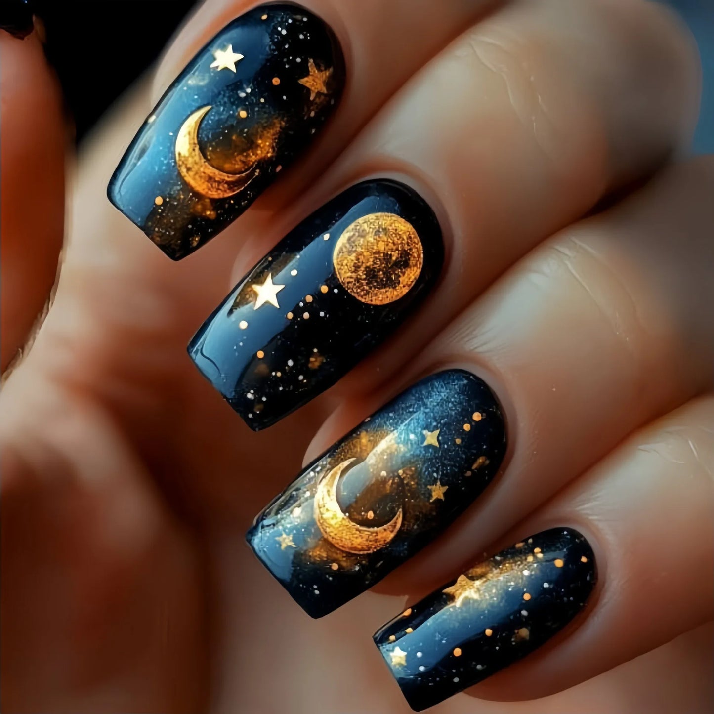 24pcs/set medium long fake nails square ballet nail tips glitters starry sky moon star feather design press on false nail art