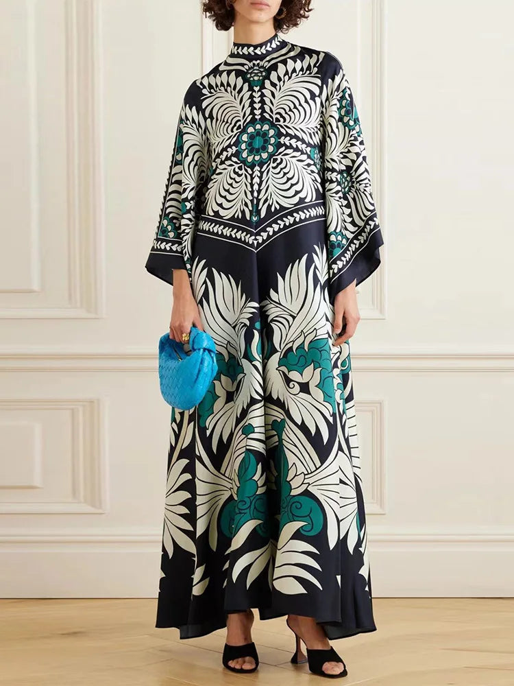 Elegant Stand Collar Printed Dress – High Waist Long Sleeve Casual Party Wear | فستان نسائي أنيق بطبعة وياقة عالية – خصر مرتفع وأكمام طويلة لإطلالة كاجوال أو حفلات