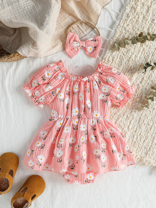 2Pcs Summer Newborn Soft  Cotton Pink Baby Girls Rompers Dress