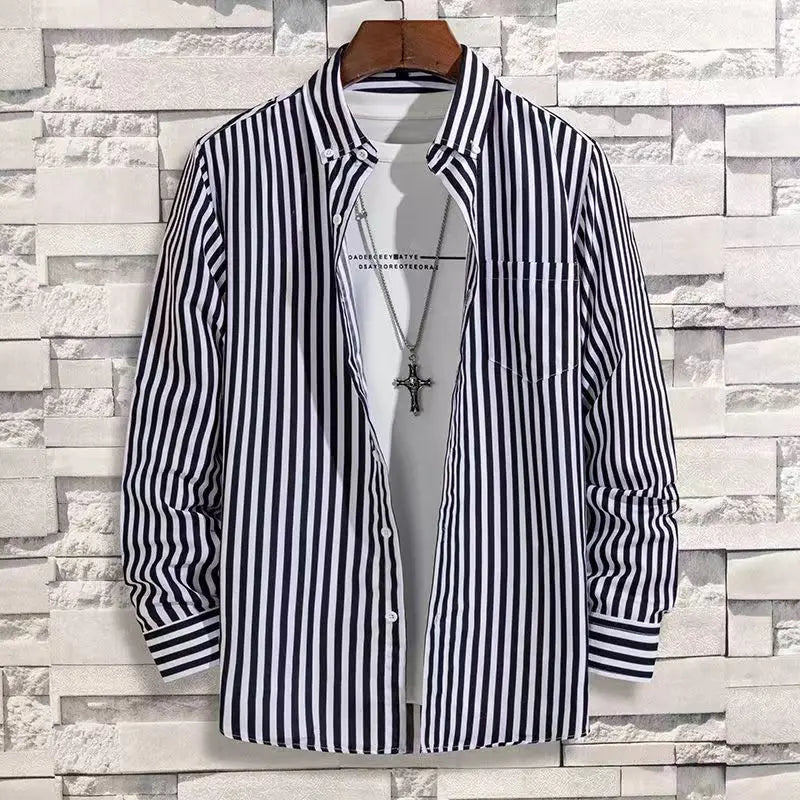 Mens Dress Shirts Striped Long Sleeve Plaid Checked Shirt Smart Casual Business Non-Ironing Korean Slim Fit Formal Blue White