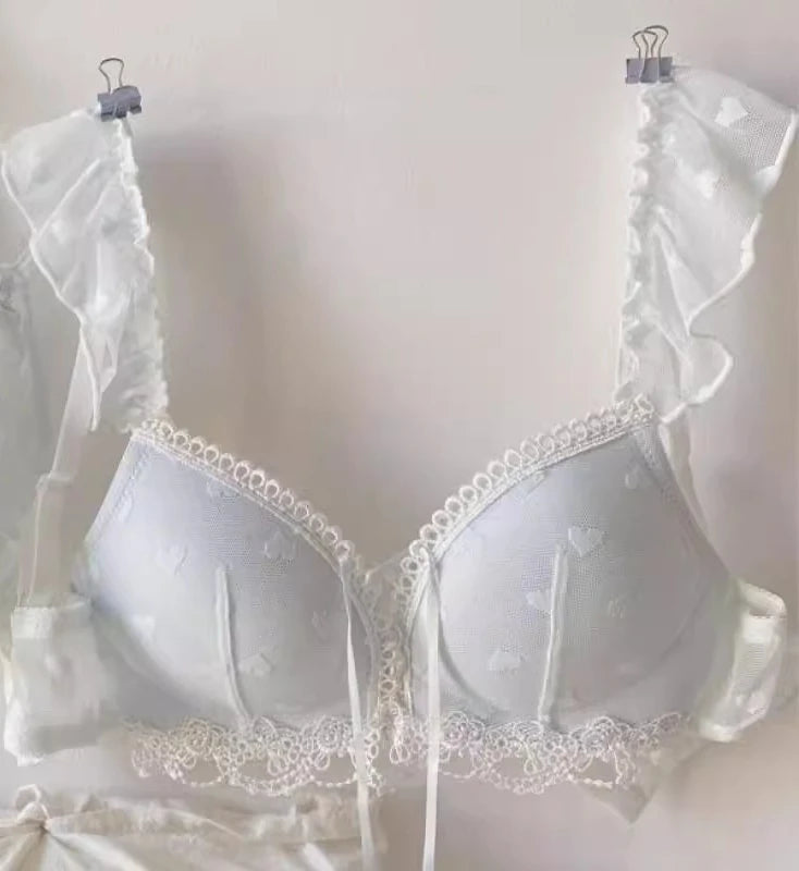 European Style Japanese Lingerie Set, Sweet Heart Pattern Bralette Small Breasts, Comfortable Wireless Anti-Sagging Bra & Brief