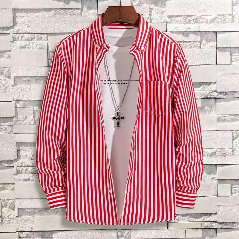 Mens Dress Shirts Striped Long Sleeve Plaid Checked Shirt Smart Casual Business Non-Ironing Korean Slim Fit Formal Blue White