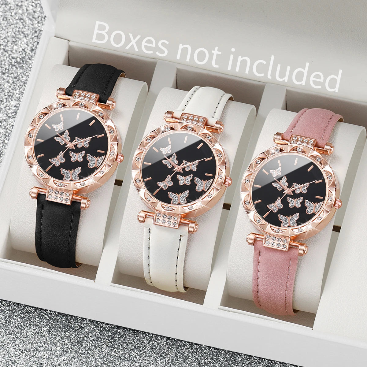 3PCS Women Watches Fashion Rhinestone Heart Dial Quartz Watch Female Leather Band Wristwatches Set(Without Box)