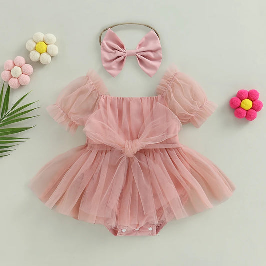 0-24M Infant Baby Girl Romper Dress Solid Color Short Sleeve Front