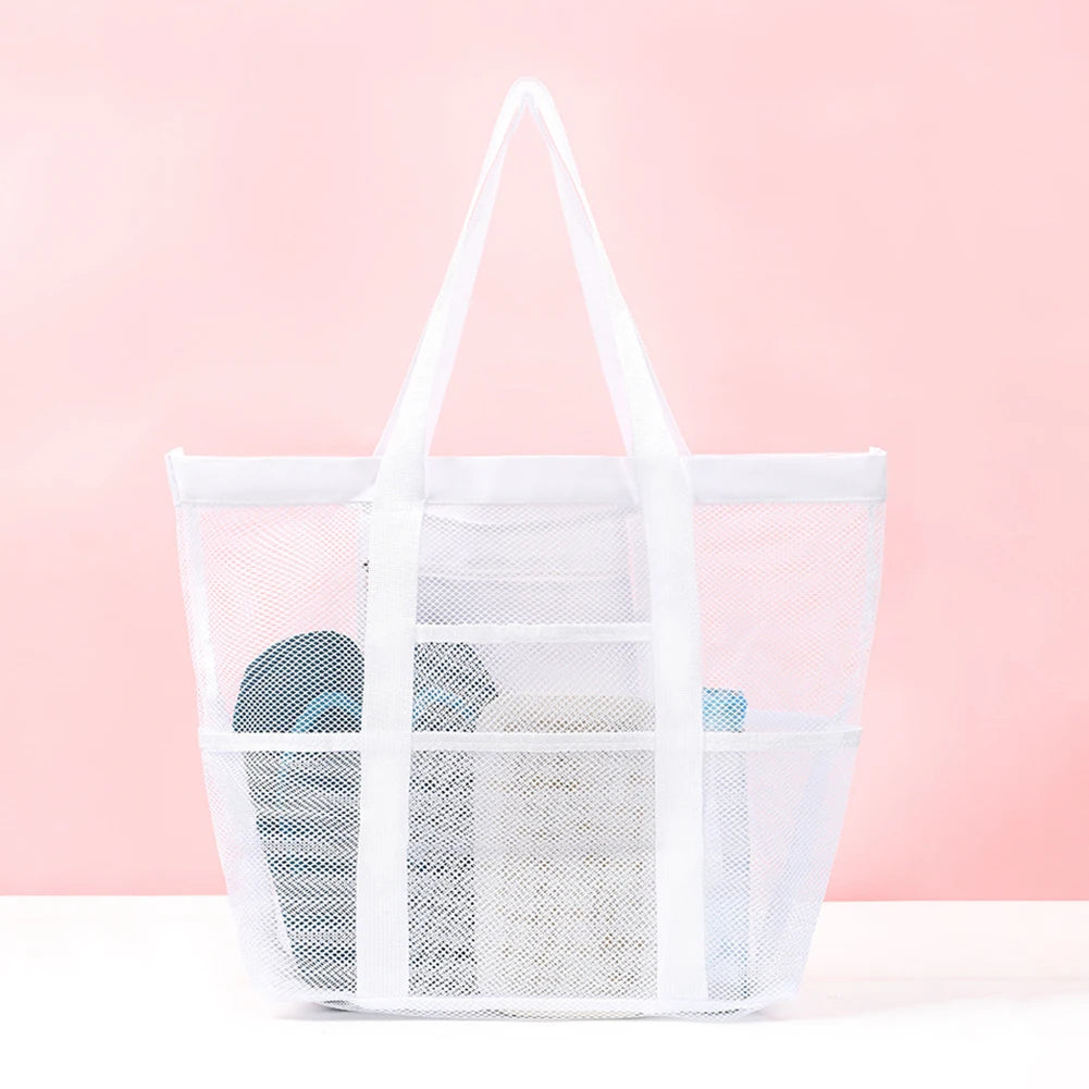 Mesh Beach Bags Beach Tote Bag With Multi Pockets Large Capacity Travel Tote Handbag Swim Pool Bag Multifunctional Storage Bag