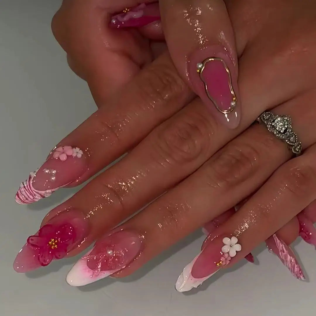 24pcs Flower Pearl Design False Nails Blue Blush Gradient Tips Long Almond Press on Nails Ins Wearable French Fake Nail Manicure
