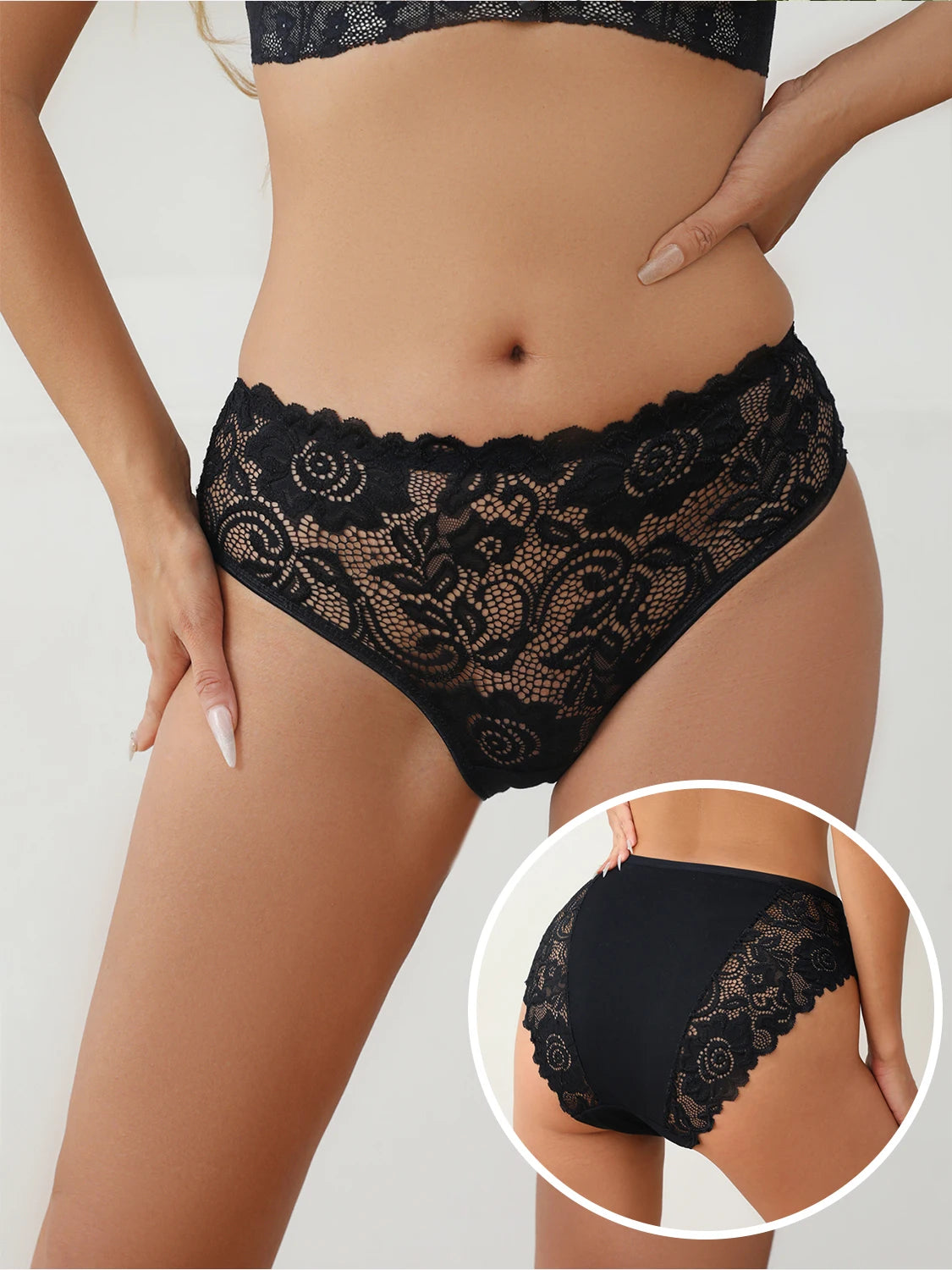 2PCS Classic Elegant Black White Panties Set Women Soft Comfortable Solid Color Cotton Underwear Lace Floral Design Sexy Briefs