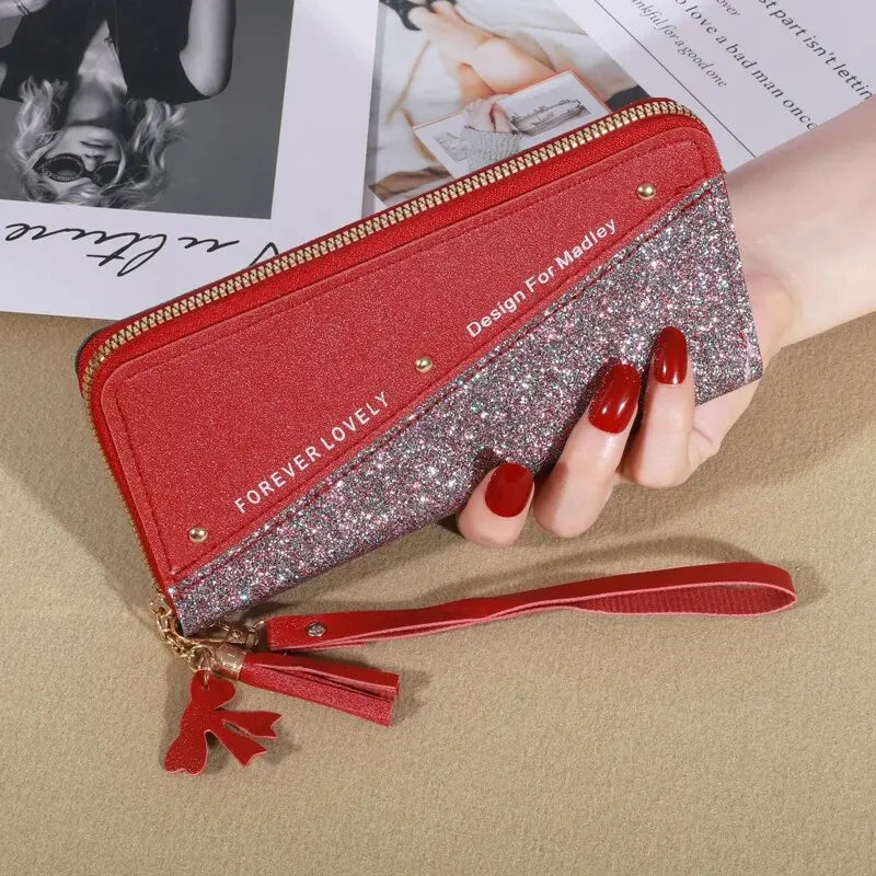 KISMIS New Long Women's Zipper Wallet - Korean Splicing, Color Contrast, Tassel, and Rivet Details